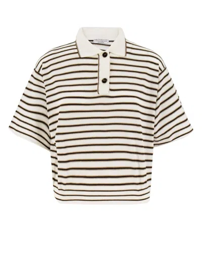 Brunello Cucinelli Women's Sparkling Stripe Lightweight Knit Polo T-shirt In Virgin Wool And Cashmere In Bianco+beige+maple+nero