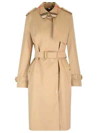 Burberry Honey Trench Coat With Check Collar In Beige
