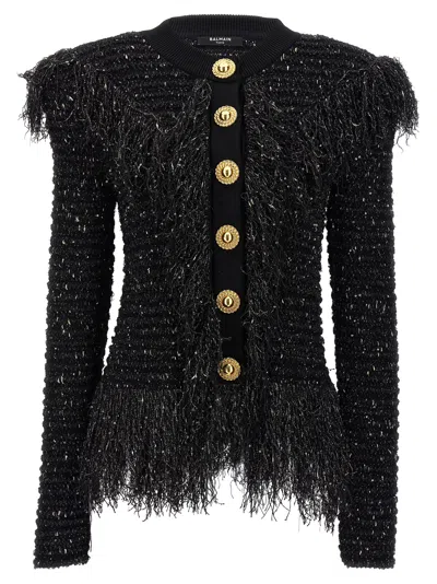 Balmain Glittered Fringed Tweed Jacket In Black