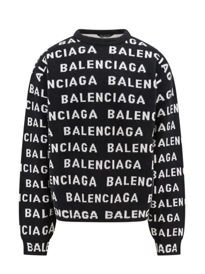 Balenciaga All-over Embroidered Logo Sweater In Black