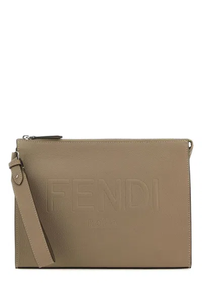 Fendi Dove Grey Leather Clutch In Corda+palladio