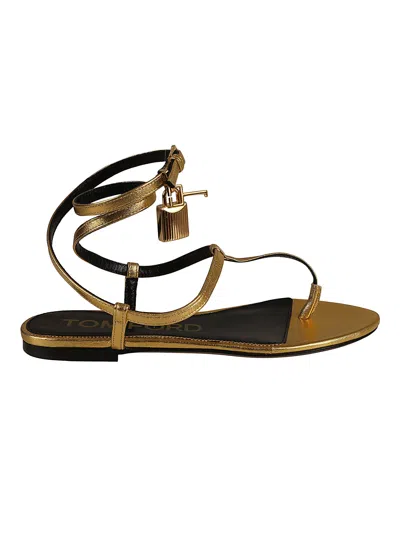 Tom Ford Ankle Strap Metallic Flat Sandals In Gold