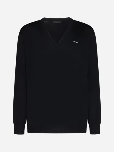 Prada Logo Cotton Sweater In Nero