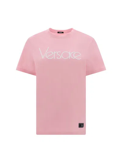 Versace Logo-embroidered Cotton T-shirt In Pink+white