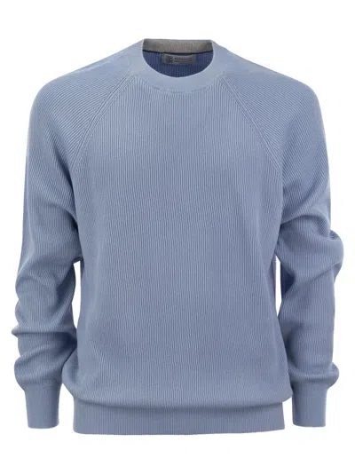 Brunello Cucinelli Cotton Rib Sweater With Raglan Sleeve In Turquoise
