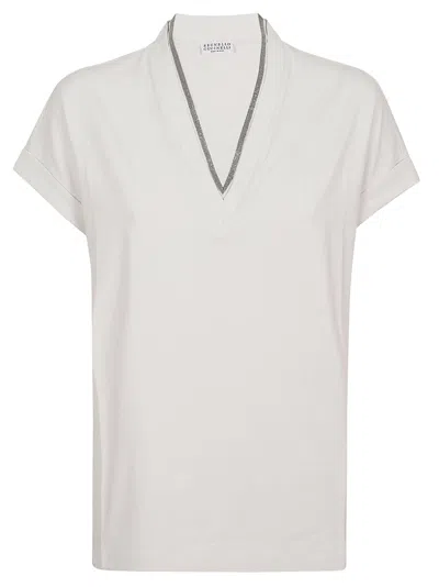 Brunello Cucinelli Beaded-trim Stretch-cotton T-shirt In Warm White