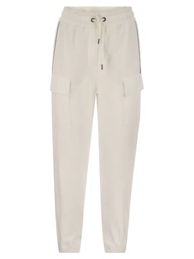 Brunello Cucinelli Smooth Cotton Fleece Cargo Pants With Monile In White