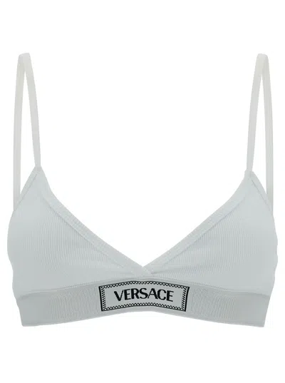 Versace White Sports Bra With Logo Embroidery In Stretch Cotton Woman In Gray