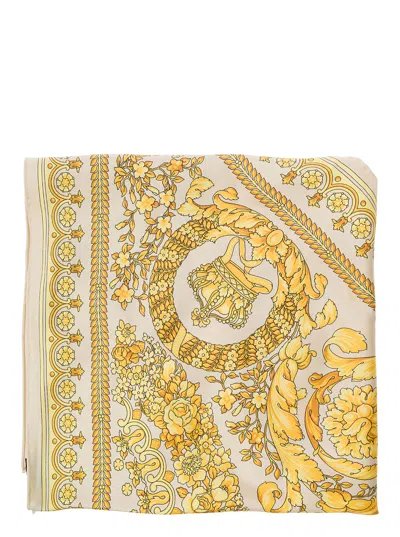 Versace Yellow And White Scarf With Barocco Print And Medusa Detail In Silk Man In Brown