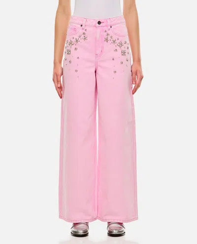 Self-portrait Womens Pink Crystal-embellished Wide-leg Mid-rise Jeans In Rose