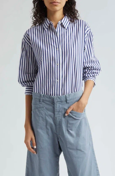 Nili Lotan Yorke Stripe Oversized Poplin Button Down Shirt In Large Dark Navy/w