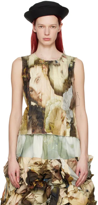 Comme Des Garçons Pleated Painterly-print Tank Top In Brown