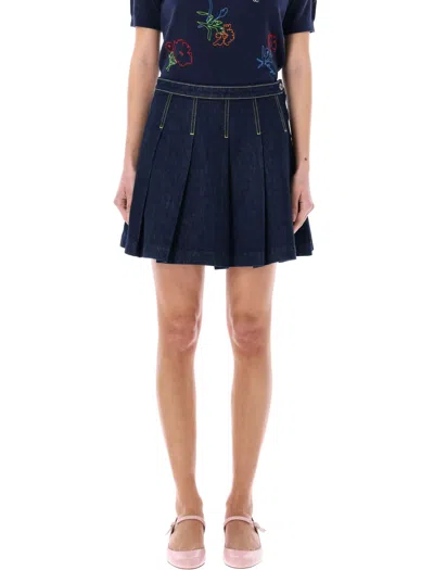 Kenzo Pleated A-line Denim Skirt In Rinse Blue Denim