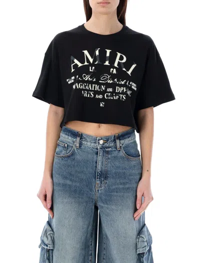 Amiri Distressed Logo Arts District-print Short-sleeve Crop T-shirt In Black