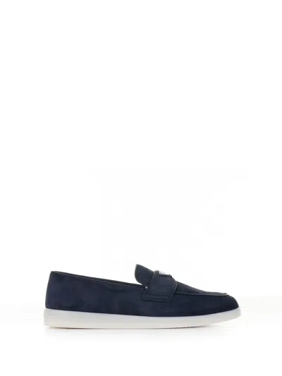 Prada Suede Moccasin With Logo In Blue