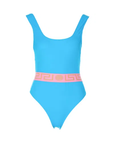 Versace Greca Border One Piece Swimwear In Blue