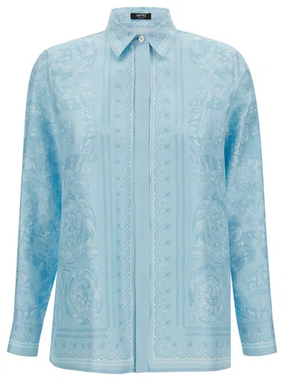Versace Light Blue Shirt With Tonal Barocco Print In Silk Woman