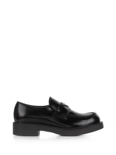 Prada Leather Moccasin With Logo In Nero