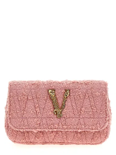 Versace Logo Tweed Crossbody Bag In Pink