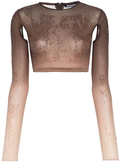 Andreädamo Rhinestone-embellished Ombré Crop Top In Brown