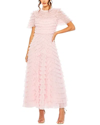 Mac Duggal High Neck Short Sleeve Tiered Ruffle A Line Dress In Pink
