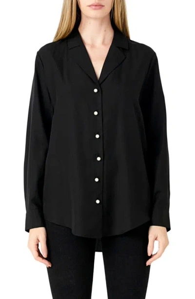 Endless Rose Notched Lapel Long Sleeve Button-up Shirt In Black