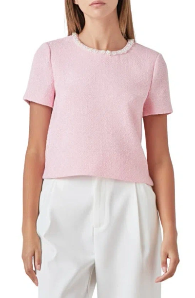 Endless Rose Imitation Pearl Trim Short Sleeve Sweater In Pink