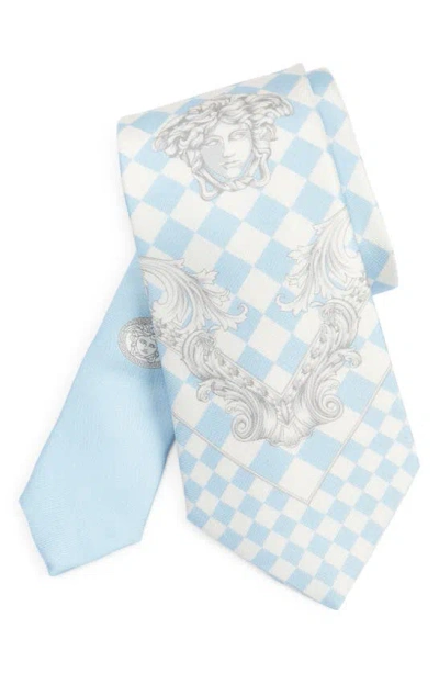 Versace Shovel Icon Print Silk Twill Tie In Pastel Blue White Silver