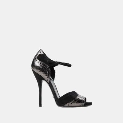 Pre-owned Gucci Black/metallic Suede And Snakeskin Ankle Strap Sandals Size 38.5