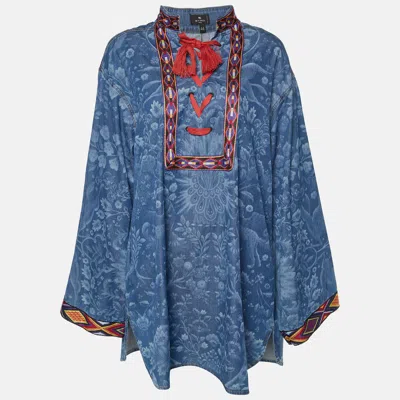 Pre-owned Etro Blue Orion Print Denim Lace-up Tunic M