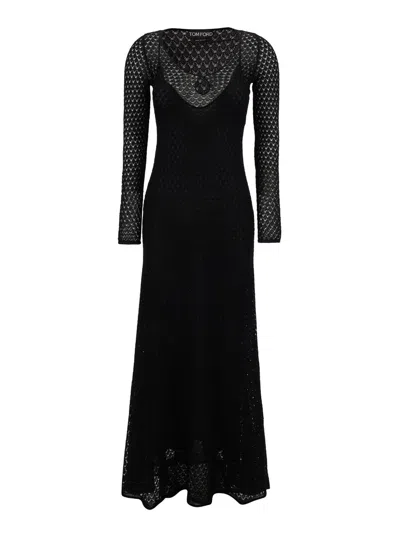 Tom Ford Black Crochet Weave Long Dress In Viscose Woman