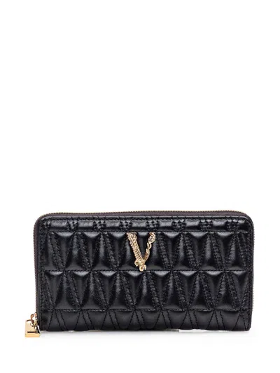 Versace Virtus Leather Ziparound Wallet In Black