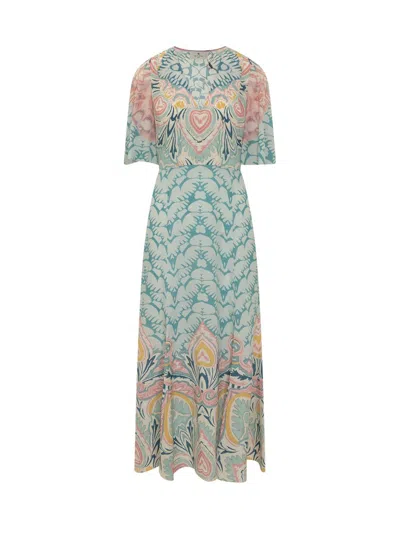 Etro Abstract-print Flutter-sleeve Silk Dress In Light Blue