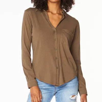 Bobi Long Sleeve Button Front Tee In Brown