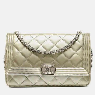 Pre-owned Chanel Pale Gold Quilted Patent Leather Boy Woc Bag