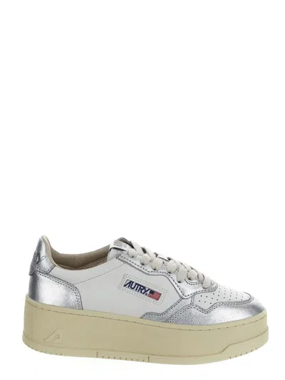 Autry Platform Low Sneakers In White And Silver Leather In Multicolor