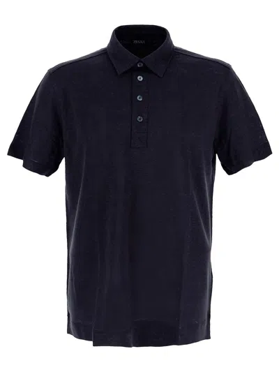 Zegna Linen Polo Shirt In Blue