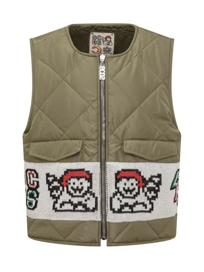 Gcds Knit-panelled Quilted Gilet In Green