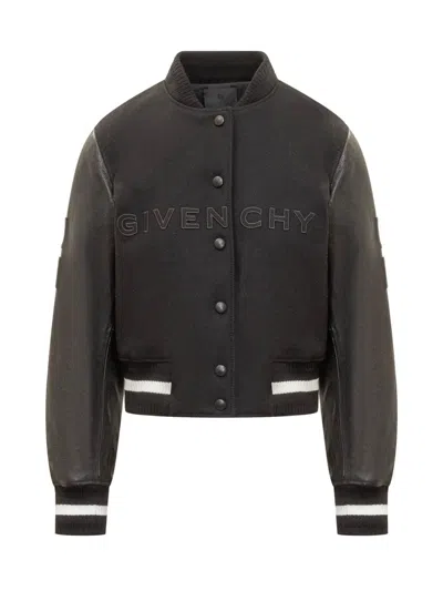 Givenchy Short Bomber Jacket In Wool And Leather In Black