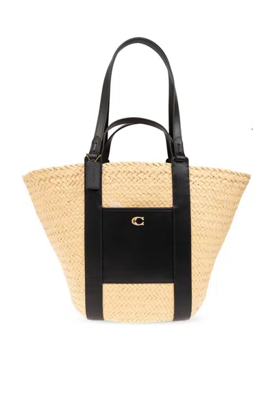 Coach Logo-embellished Straw And Leather Tote Bag In B4natural
