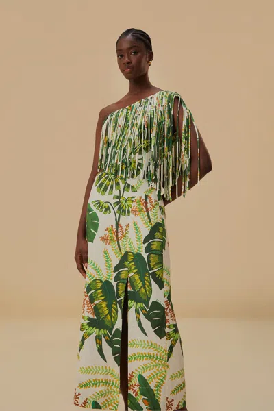 Farm Rio Active Tropical Forest Off-white Fringed Midi Dress