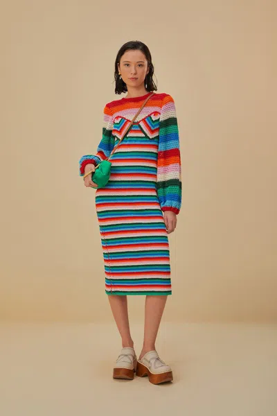 Farm Rio Active Colorful Stripes Crochet Midi Dress In Colorful Stripes Multicolor