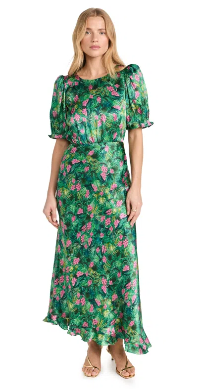Saloni Vida-d Puff-sleeve Floral Silk Midi Dress In Palmetto Fern