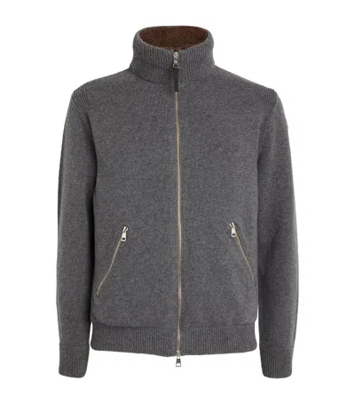 Moncler Virgin Wool Padded Down Cardigan In Grey