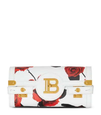 Balmain B-buzz 23 Rose-print Leather Clutch Bag In White