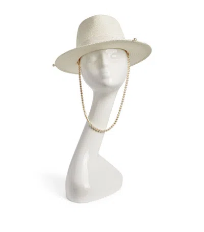 Ruslan Baginskiy Straw Fedora Hat With Pearl Chain Chin Strap In White