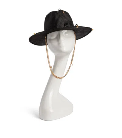 Ruslan Baginskiy Straw Fedora Hat With Chain Chin Strap In Black