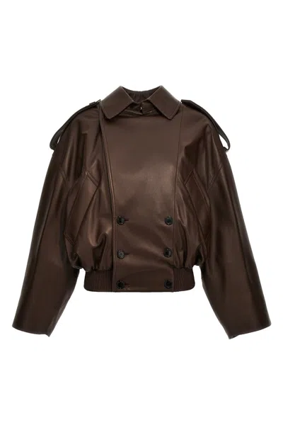 Loewe Women Double-breasted Leather Jacket In Brown