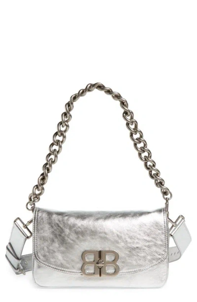 Balenciaga Small Bb Soft Flap Metallic Leather Crossbody Bag In Silver