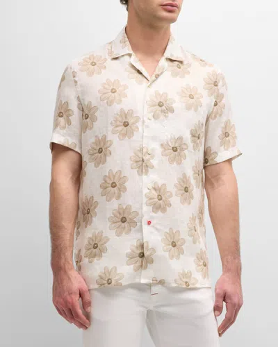 Isaia Men's Linen Floral-print Camp Shirt In White Beige